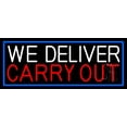 thumbnail image 1 of We Deliver Carry Out With Blue Border LED Neon Sign 13 x 32 - inches, Black Square Cut Acrylic Backing, with Dimmer - Bright and Premium built indoor LED Neon Sign for restaurant decor., 1 of 7
