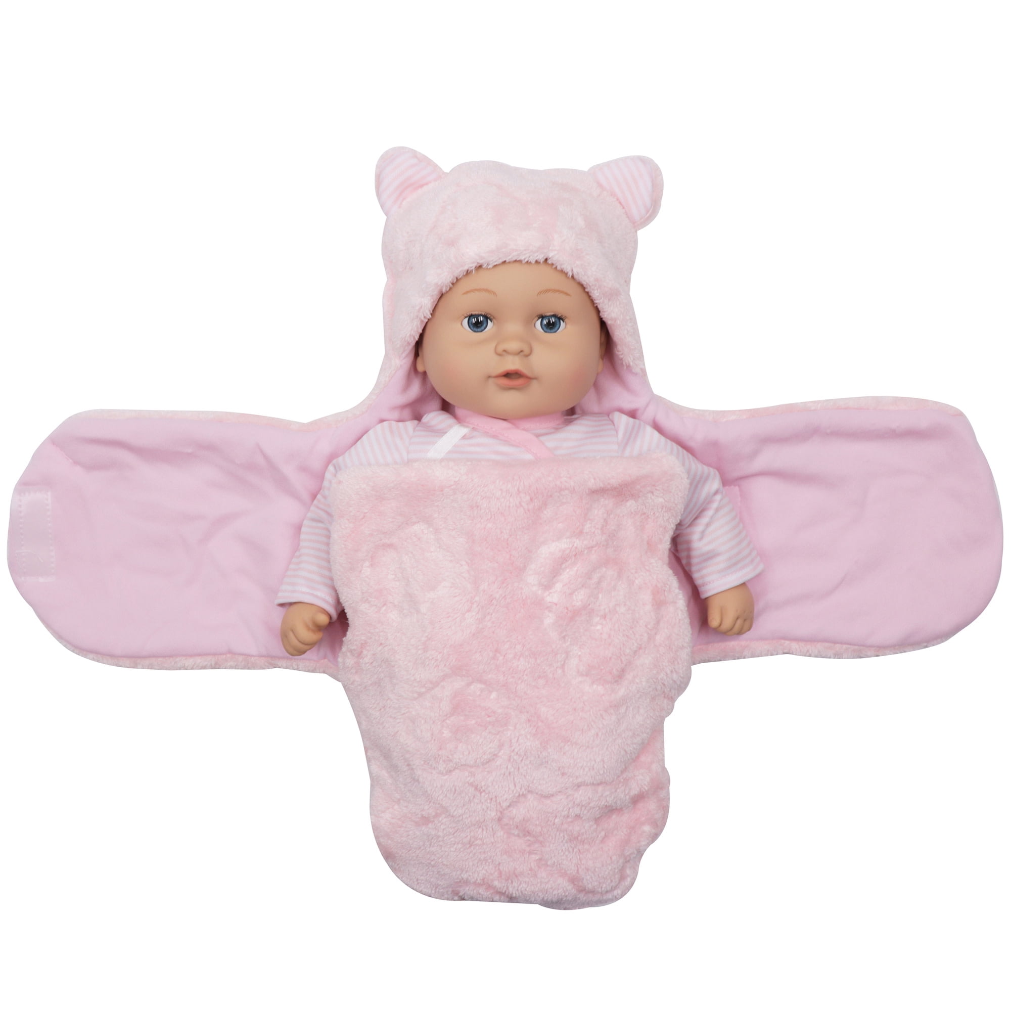 Baby Dreami: Bunting 13” Baby Doll - Pink & White Striped Outfit, Animal Ears Plush Swaddle Wrap Blanket, Binky, Soft & Huggable Toy, Kids-Toddlers 2+