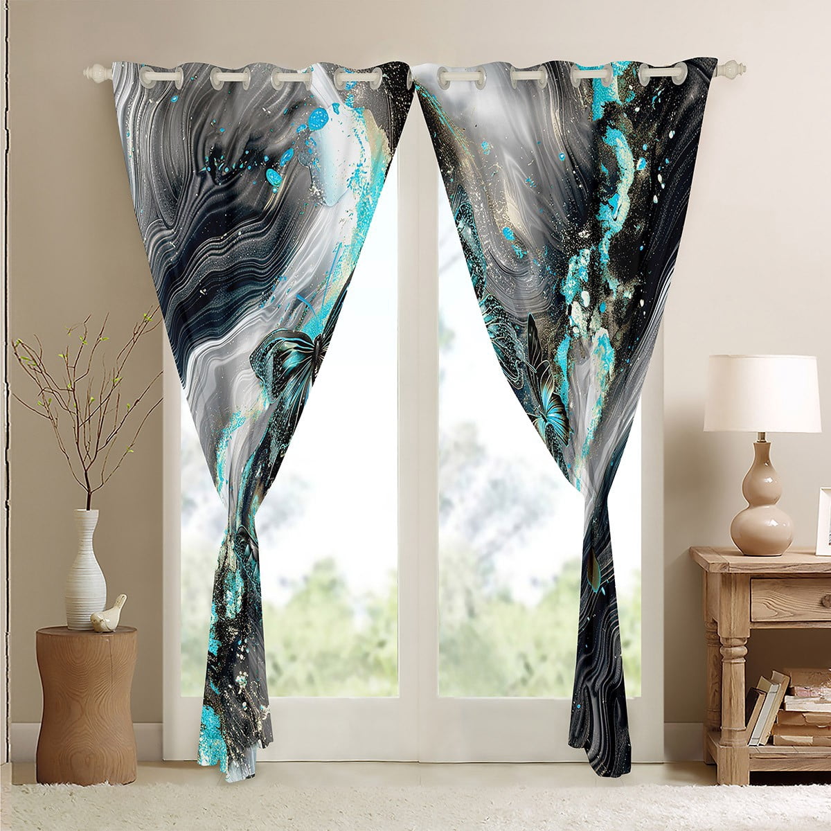 Black Marble 30%-50% Blackout Curtains Blue Butterfly Curtains,Cyan Marbling Curtains & Drapes 2 Panels 42"Wx63"L