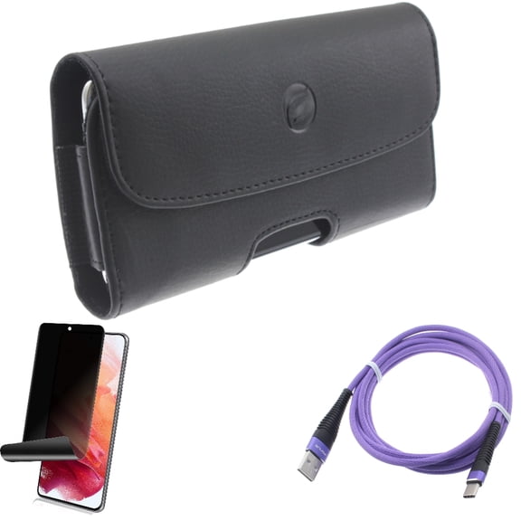 Case Belt Clip w 6ft USB Cable w Privacy Screen Protector for Samsung Galaxy S21 Plus - Leather Holster, Purple Type-C, TPU Film Fingerprint Works Accessory Bundle