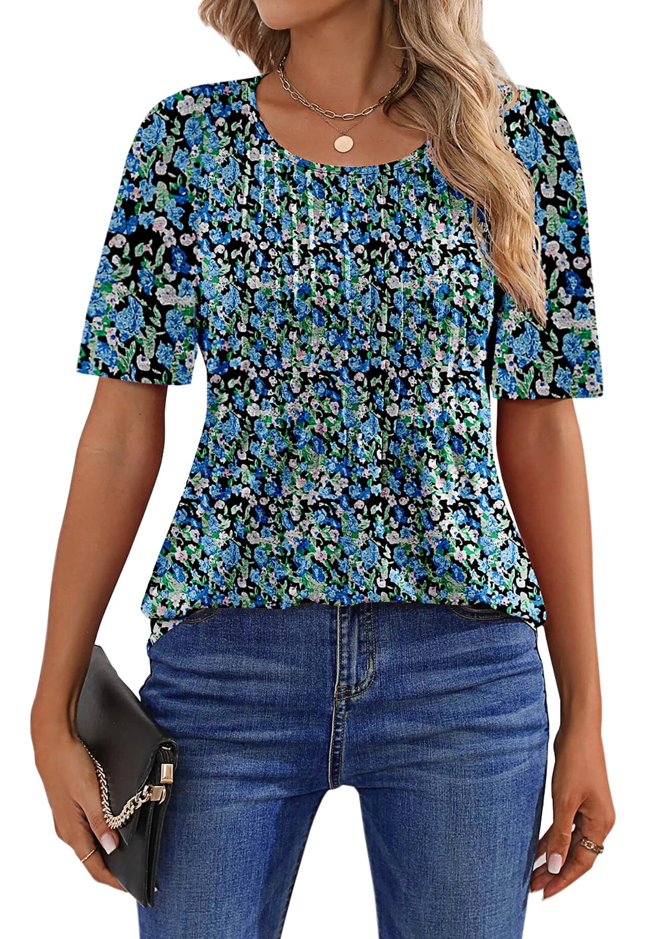 Fantaslook Blouses for Women Pleated Short Sleeve Tunic Tops Dressy Casual Summer Shirts