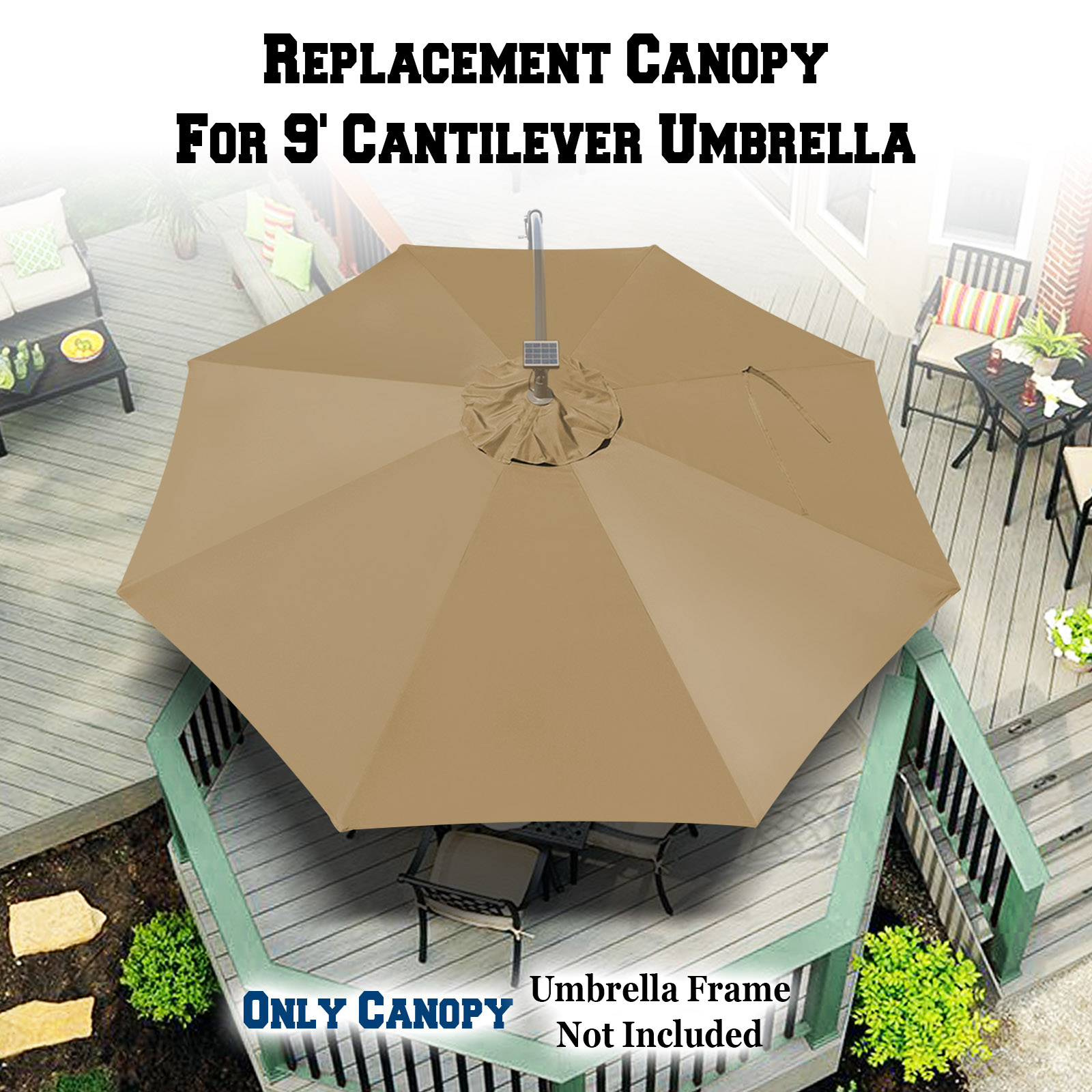 Sunrise 9ft 8 Ribs Outdoor, Patio Cantilever, Hanging Umbrella Cover Canopy, Replacement Cover Top, Tan (Cover Only, Umbrella Frame not Included)