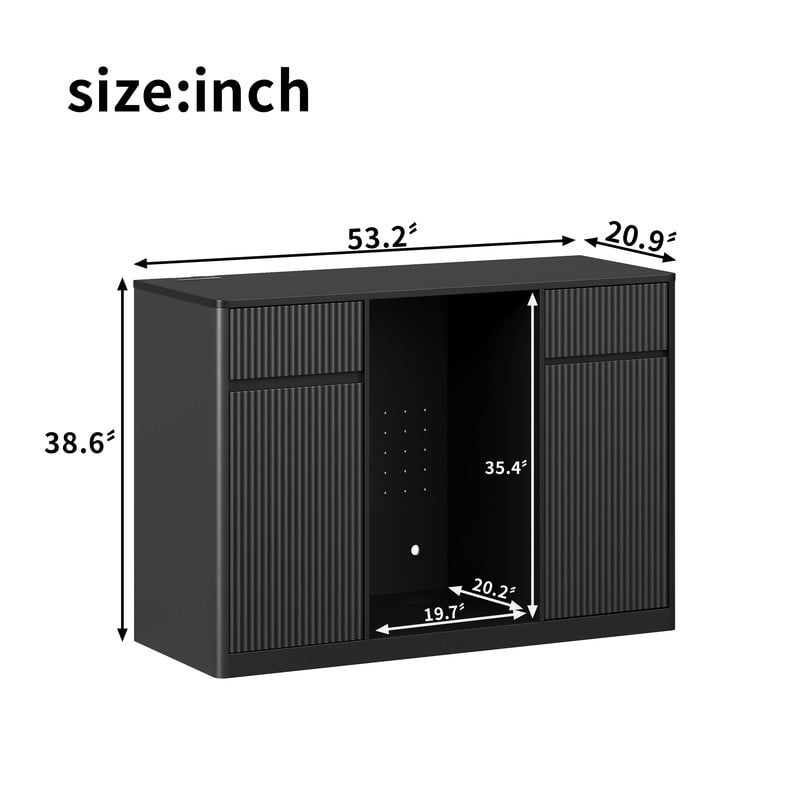 53.2"W Fluted-Door Kitchen Sideboard Buffet with Mini Fridge Nook, Freestanding Bar Wine Storage Cabinet with Charging Station