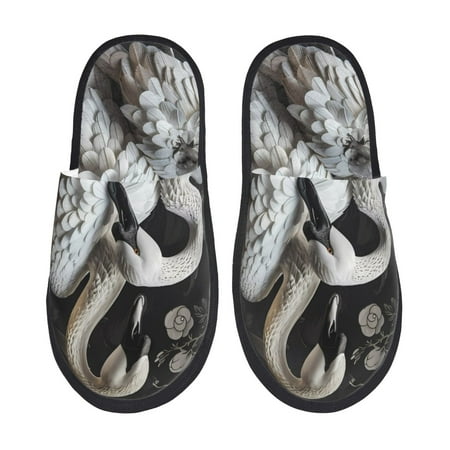 Balery Elegant Swans Black Background Slient Indoor Furry Fleece Comfort House Shoes Soft Non-Slip Home Shoes Cotton slippers House Slippers-- Medium
