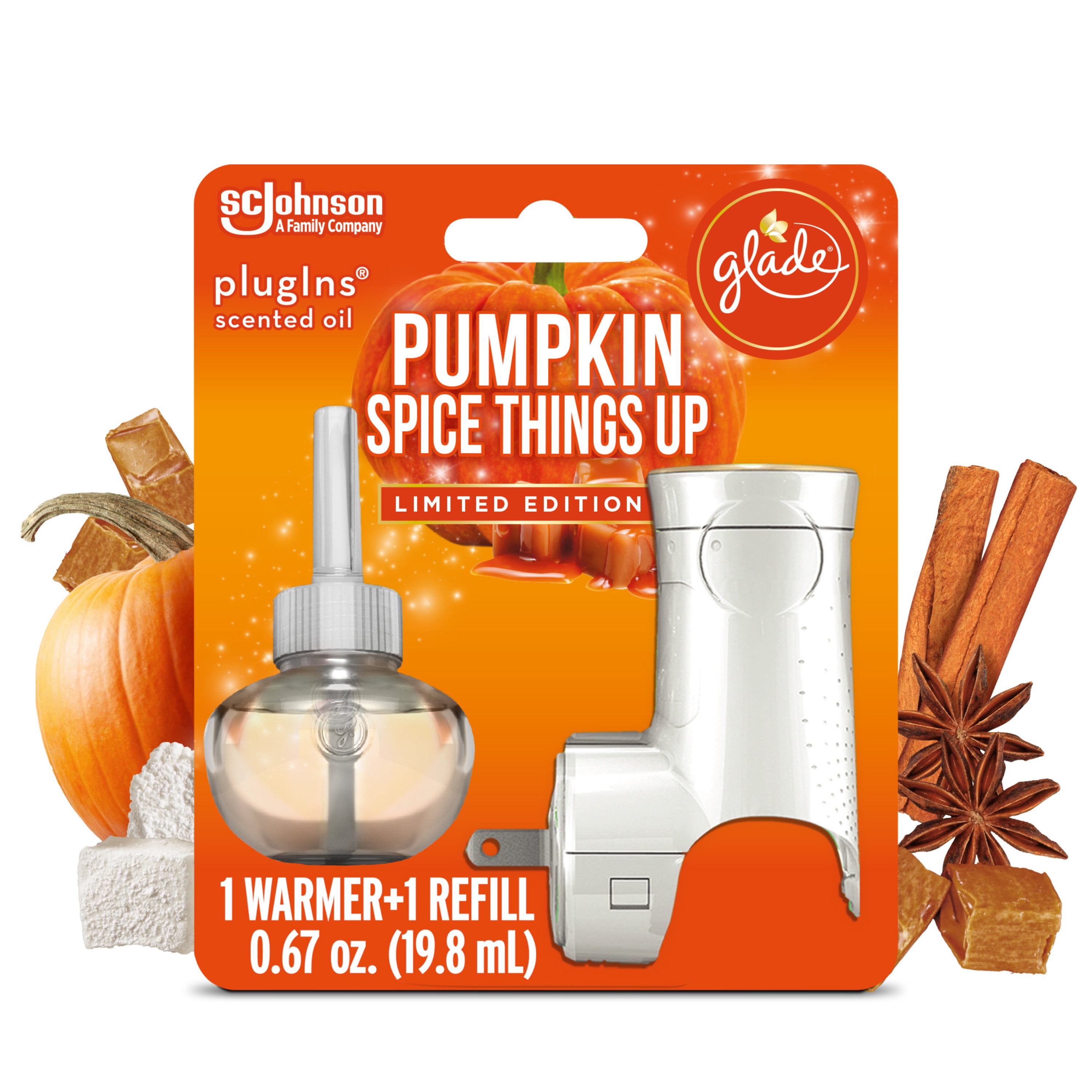 Glade PlugIns 1 Warmer + 1 CT Refill Starter Kit, Pumpkin Spice Things Up, 0.67 FL. OZ. Total, Scented Oil Air Freshener Infused with Essential Oils