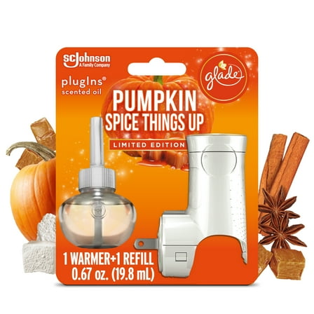 Glade PlugIns 1 Warmer   1 CT Refill Starter Kit, Pumpkin Spice Things Up, 0.67 FL. OZ. Total, Scented Oil Air Freshener Infused with Essential Oils