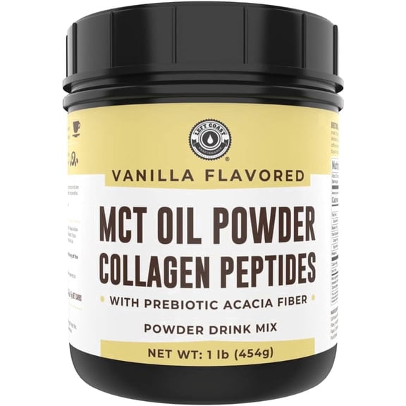 Left Coast MCT Oil Powder Drink Mix with Collagen Peptides and Acacia Fiber, Vanilla, 1 lb