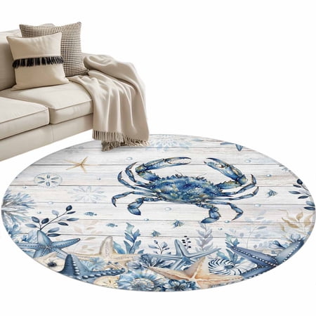 Area Rug 36in Oceans Crabs Shellfish Fish Floor Carpet Living Room Rug Sea Stars on Farm Wood Non-Slip Welcome Mat Indoor Rugs for Bedroom Dining Room