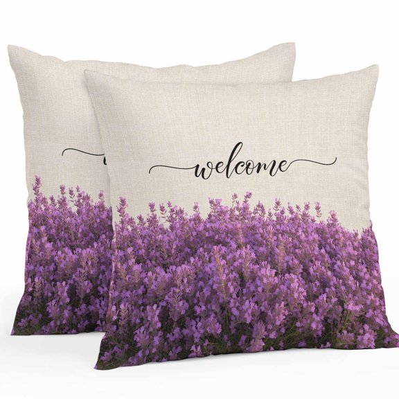 Waterproof Throw Pillow Covers Set of 2, 16x16 Inch Spring Lavender Decorative Pillowcases Outdoor Pillow Slip Cushion Covers Set for Couch Tent Farmhouse Pastoral Purple Floral Flower