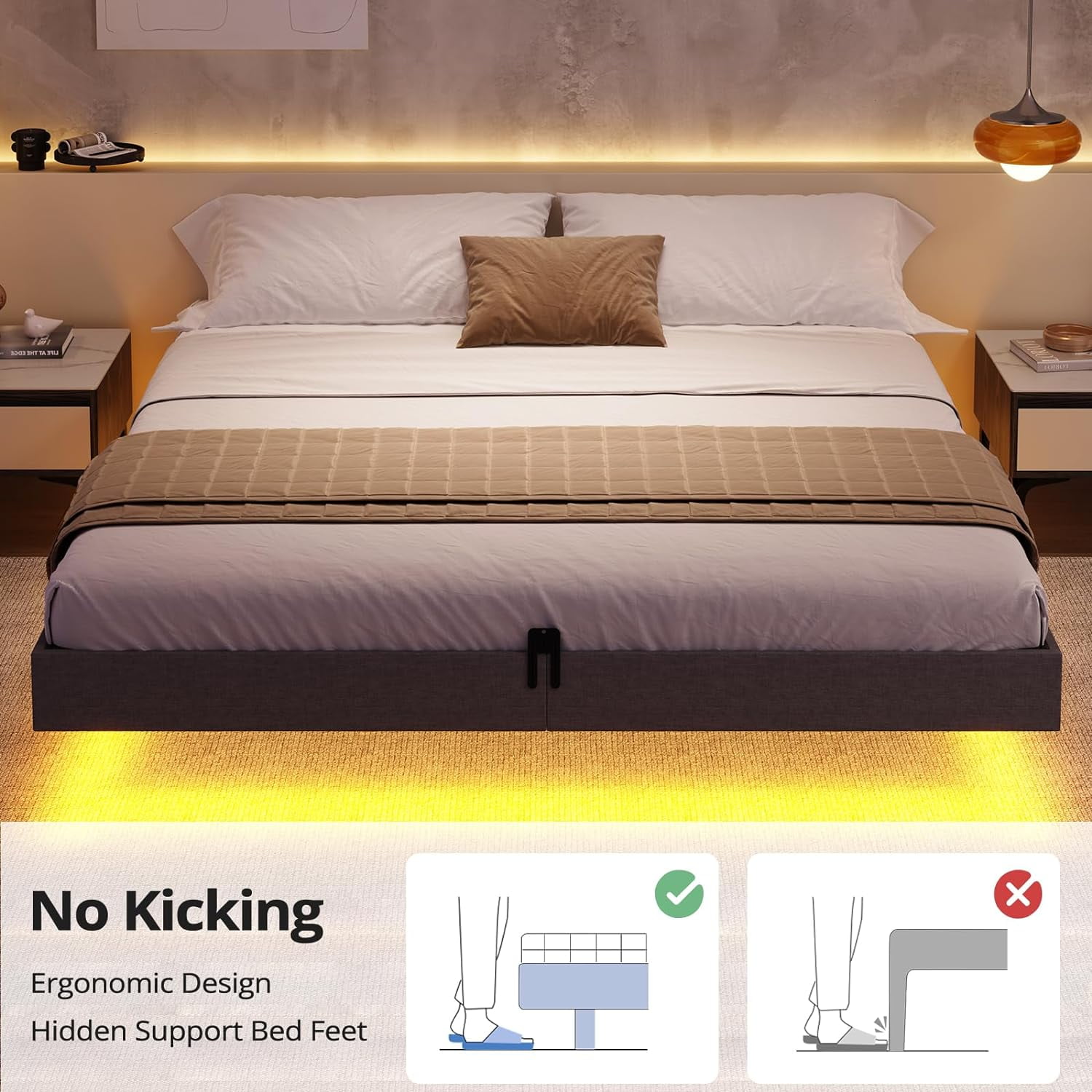 Floating Bed Frame King Size with LED Lights, Metal Platform King Bed, No Box Spring Needed, Easy to Assemble