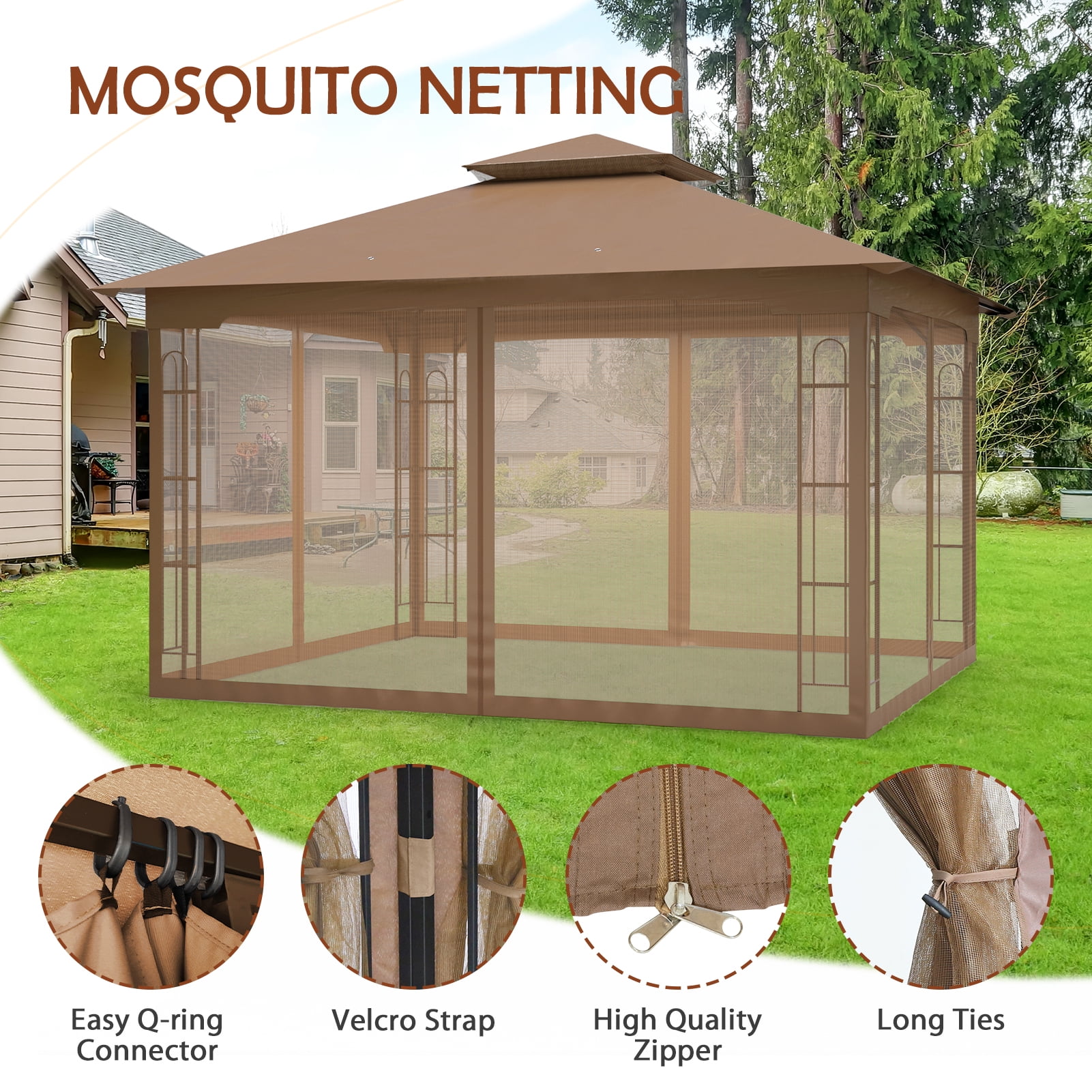COOS BAY 13x11 Patio Outdoor Gazebo with Mosquito Netting, Two-Tier Canopy Tent with Screen Wall for Backyard, Lawn and Garden, Brown
