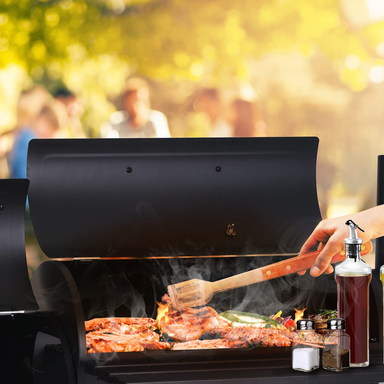Dkelincs 43'' Charcoal Grill with Wheels and Side Fire Box -BBQ Grill Perfect for Camping, Outdoor Party and Picnics Portable Barbecue Grill for 6-10 People