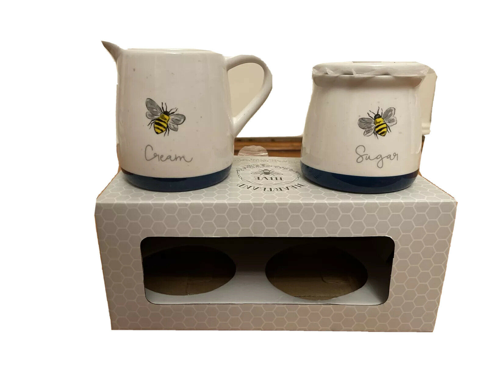 Heartland Hive 3pc White/Blue Cream & Sugar Set Coffee Tea Farmhouse