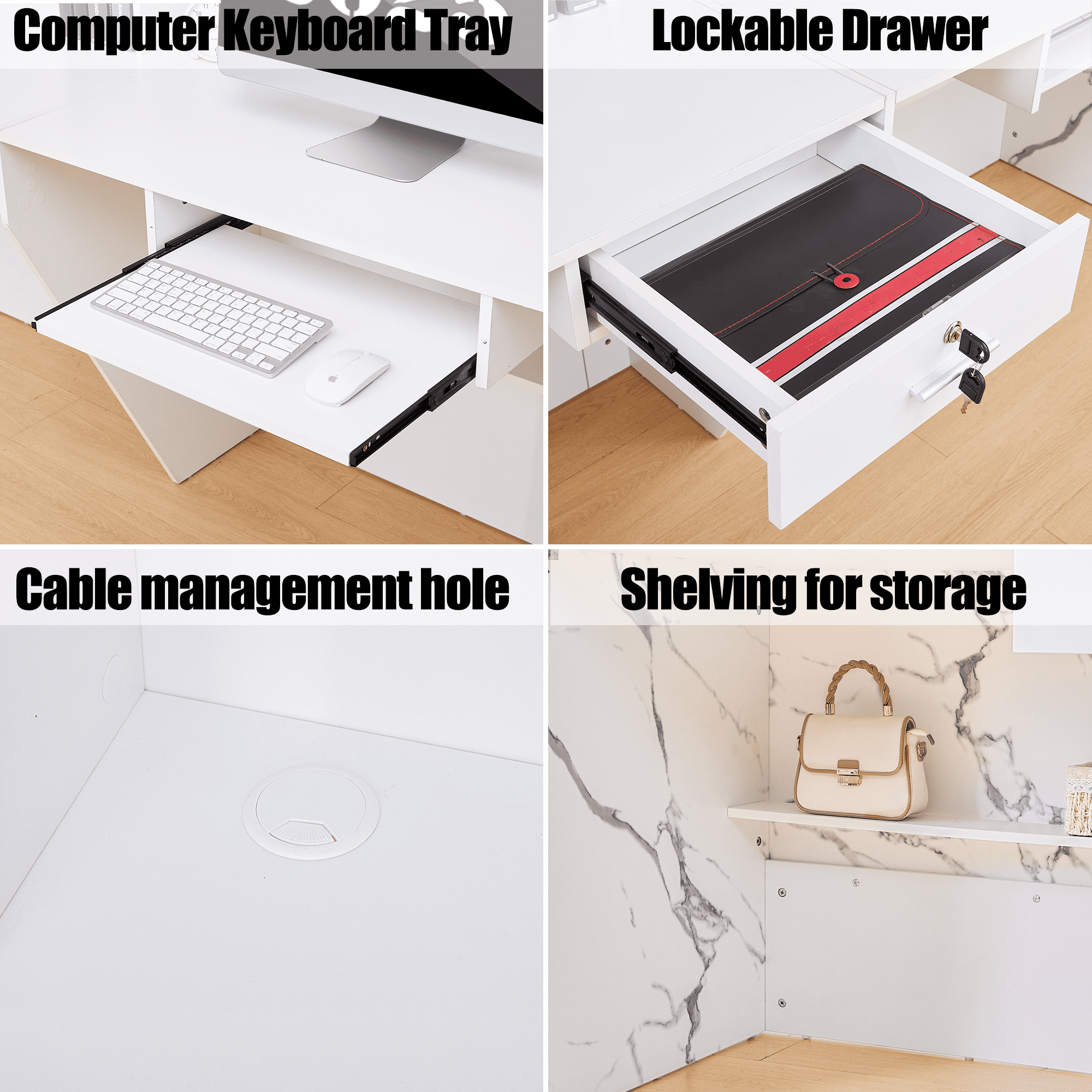 Haooyeah 86.8" Reception Desk with Lockable Drawer, Keyboard Tray, Storage Shelves & Cable Management, Marble Front Counter for Office, Hotel Lobby, Meeting Room