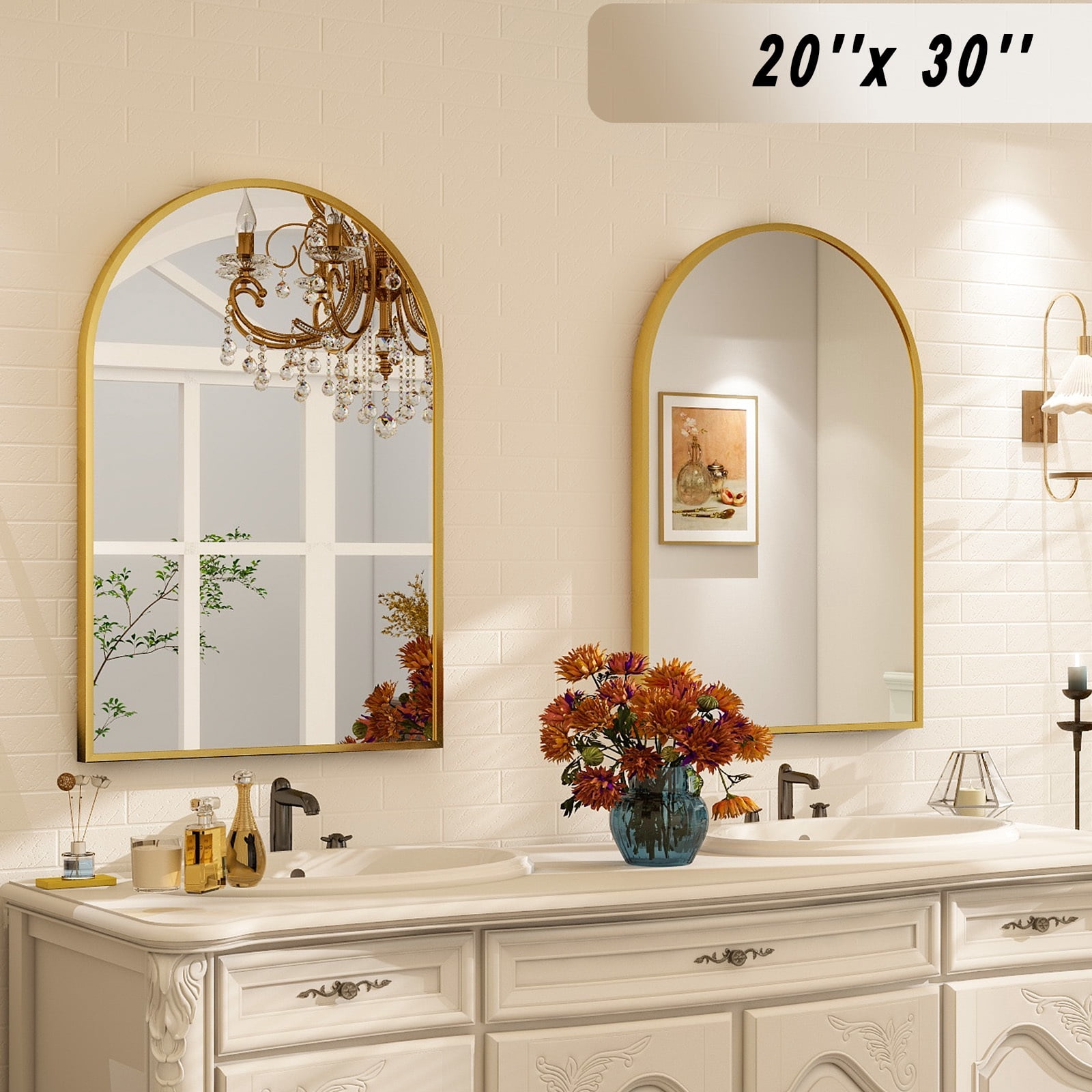 GRAHMCY 20"x30" Arched Bathroom Mirror Wall Mounted Vanity Mirror, Gold