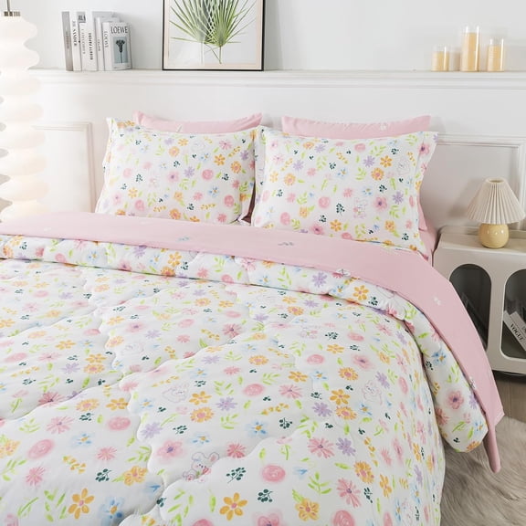 Floral Comforter Set Bed in A Bag Full Size 7 Piece Botanical Flower Green Leaves Rabbits Bedding Set for Girls