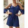 thumbnail image 3 of PALACLOTH Women One Piece Rompers Short V Neck Cold Shoulder 3/4 Bell Sleeve Jumpsuit with Drawstring, 3 of 4
