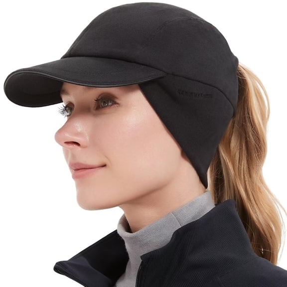 Women's Winter Reflective Ponytail Hat with Drop Down Ear Warmer Women's Stretchy Ponytail Hat with Earflap