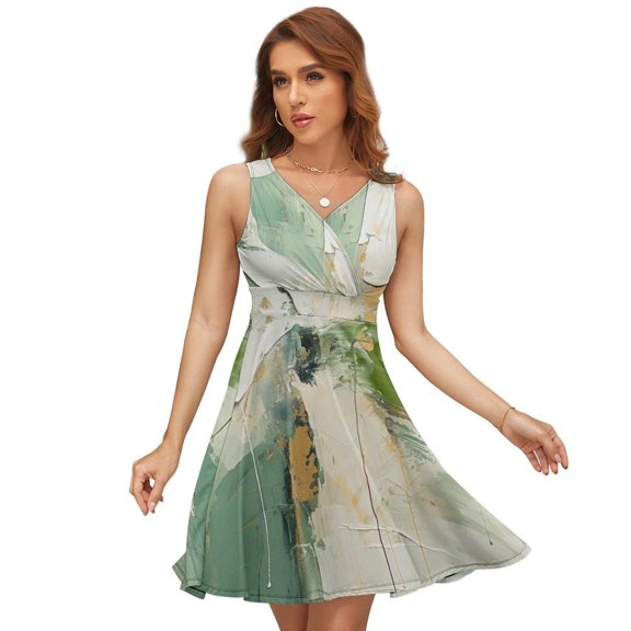 Abstract Art Sage Green Sleeveless Dress Women Summer Evening Dresses Ladies Sundress