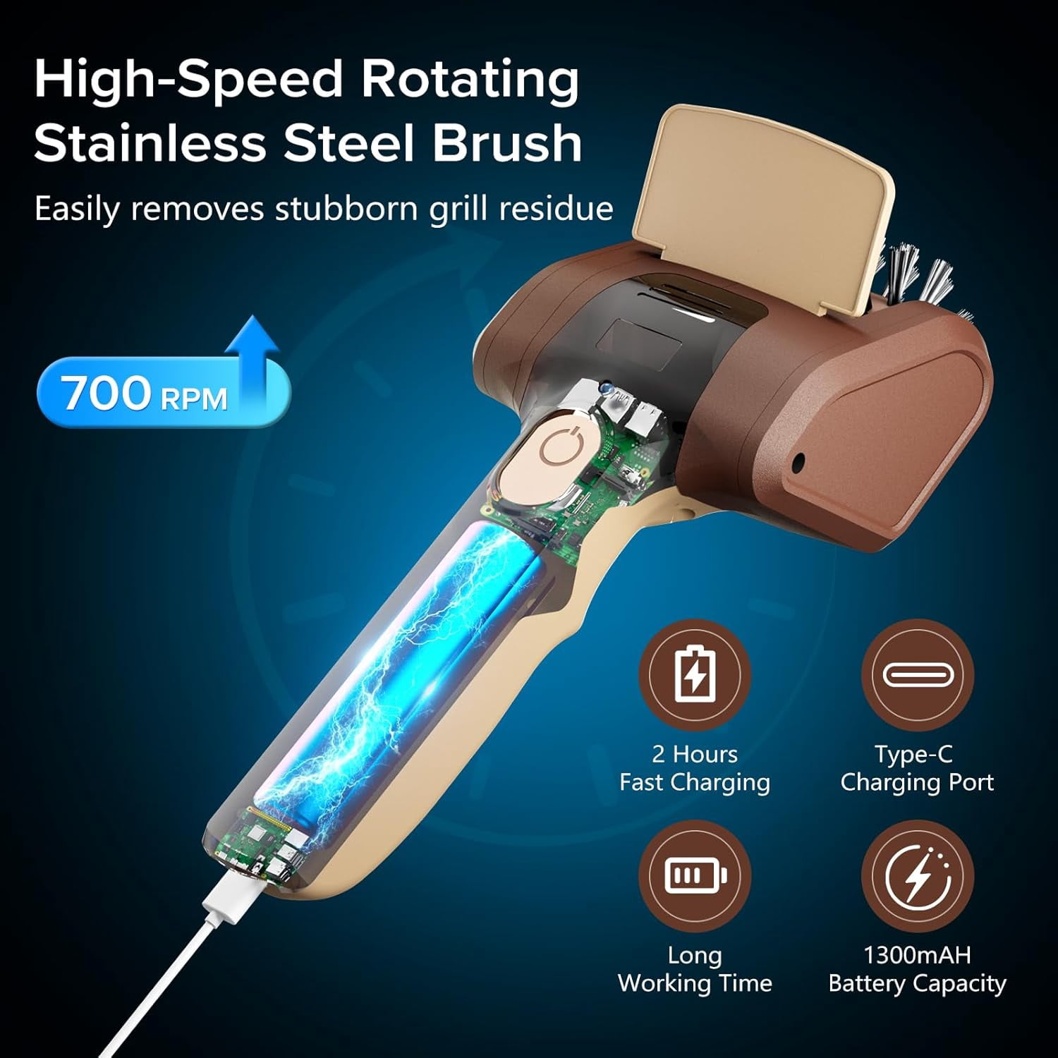 Cordless Electric Grill Cleaning Brush with Stainless Steel Scraper, Rechargeable BBQ Accessories