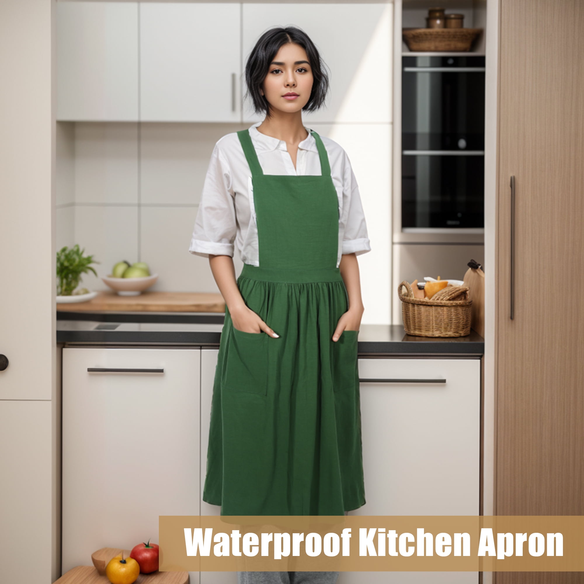 Unique Bargains Cotton Linen Cross Back Apron with Pockets Green