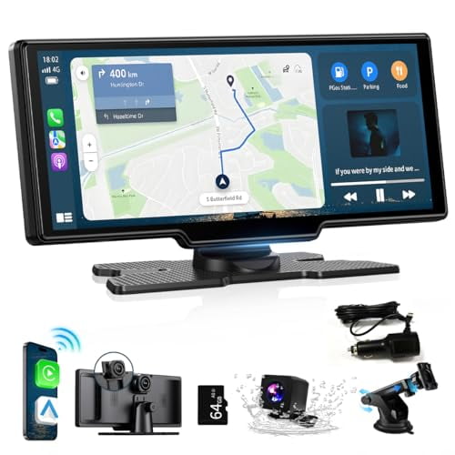 Wireless Carplay Screen for Car, 10.26" Android Auto Screen Compatible with A-pple CarPlay, 4K Front & 1080P Rear Cameras Loop Recording, FM, AUX, BT, MirrorLi