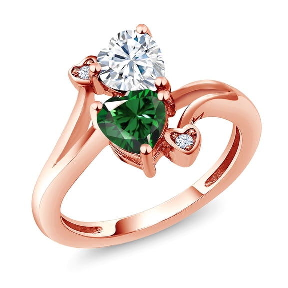 Gem Stone King 18K Rose Gold Plated Silver White Moissanite Green Nano Emerald Ring for Women (1.53 Cttw, Heart Shape 6MM, Gemstone Birthstone, Size 6)