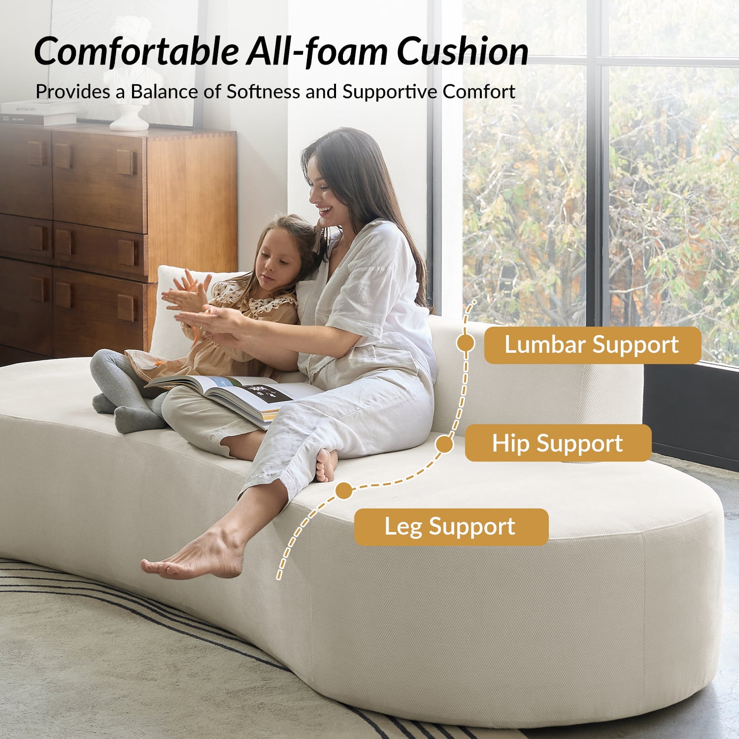 Tina's Home Modern Minimalist 3-Seater Cream Sofa for Adult Living Room Couch with Curved Design No Assembly Required