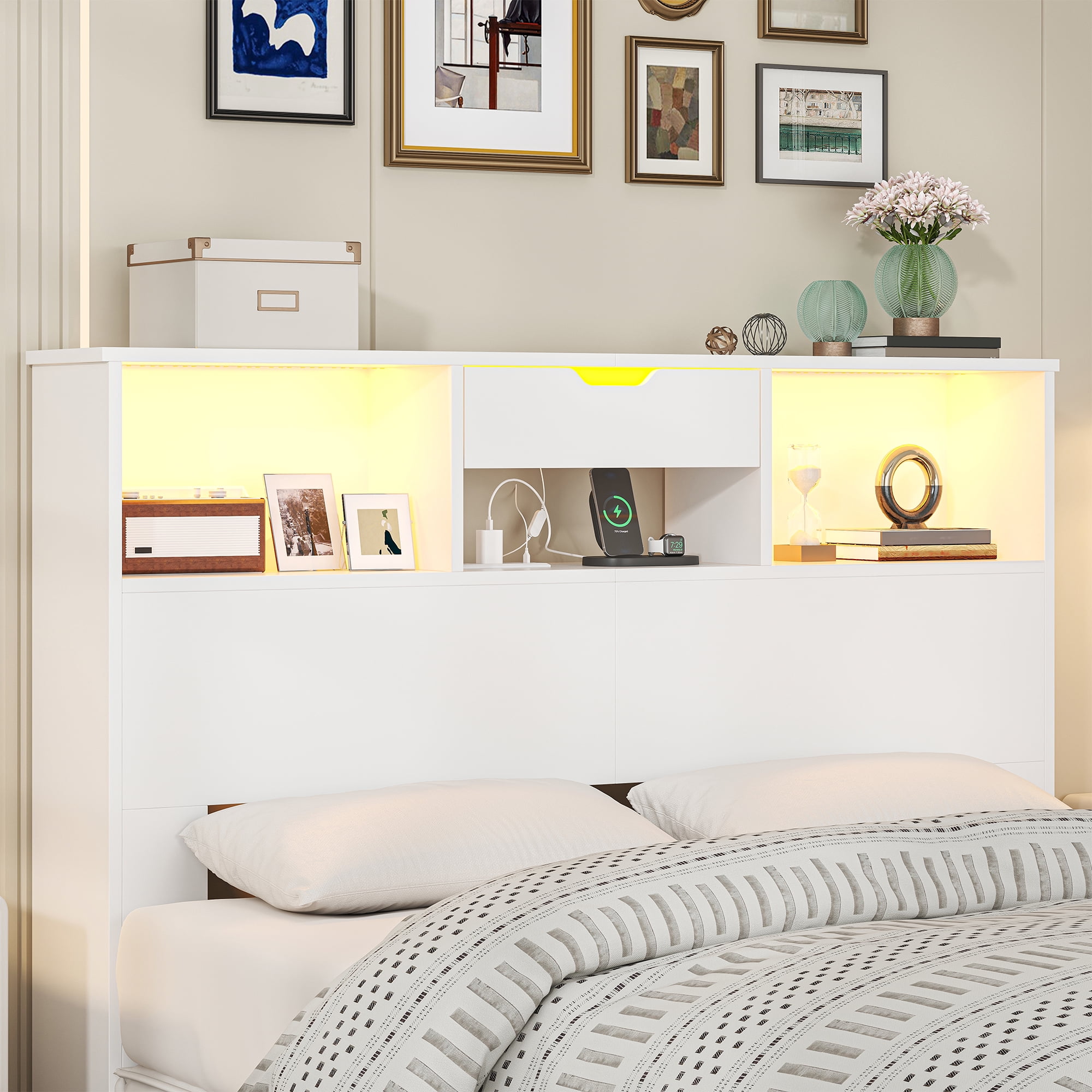 Wood Headboard for Full and Queen Bed, LED Headboard with Changing Station and Storage Cabinet for Bedroom, White (Not Include Bed）