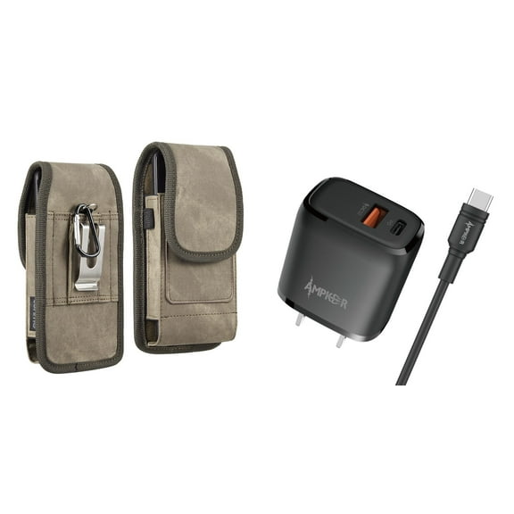 Holster and Wall Charger Bundle for TCL 30 Z: Vertical Rugged Denim Nylon Belt Pouch Case (Brown) and 38W Dual Port (Power Delivery PD Type-C and USB-A) Power Adapter