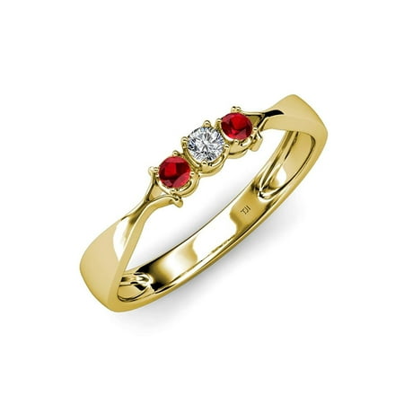 

Ruby and Diamond (SI2-I1 G-H) Three Stone Ring 0.16 ct tw in 14K Yellow Gold.size 4.5