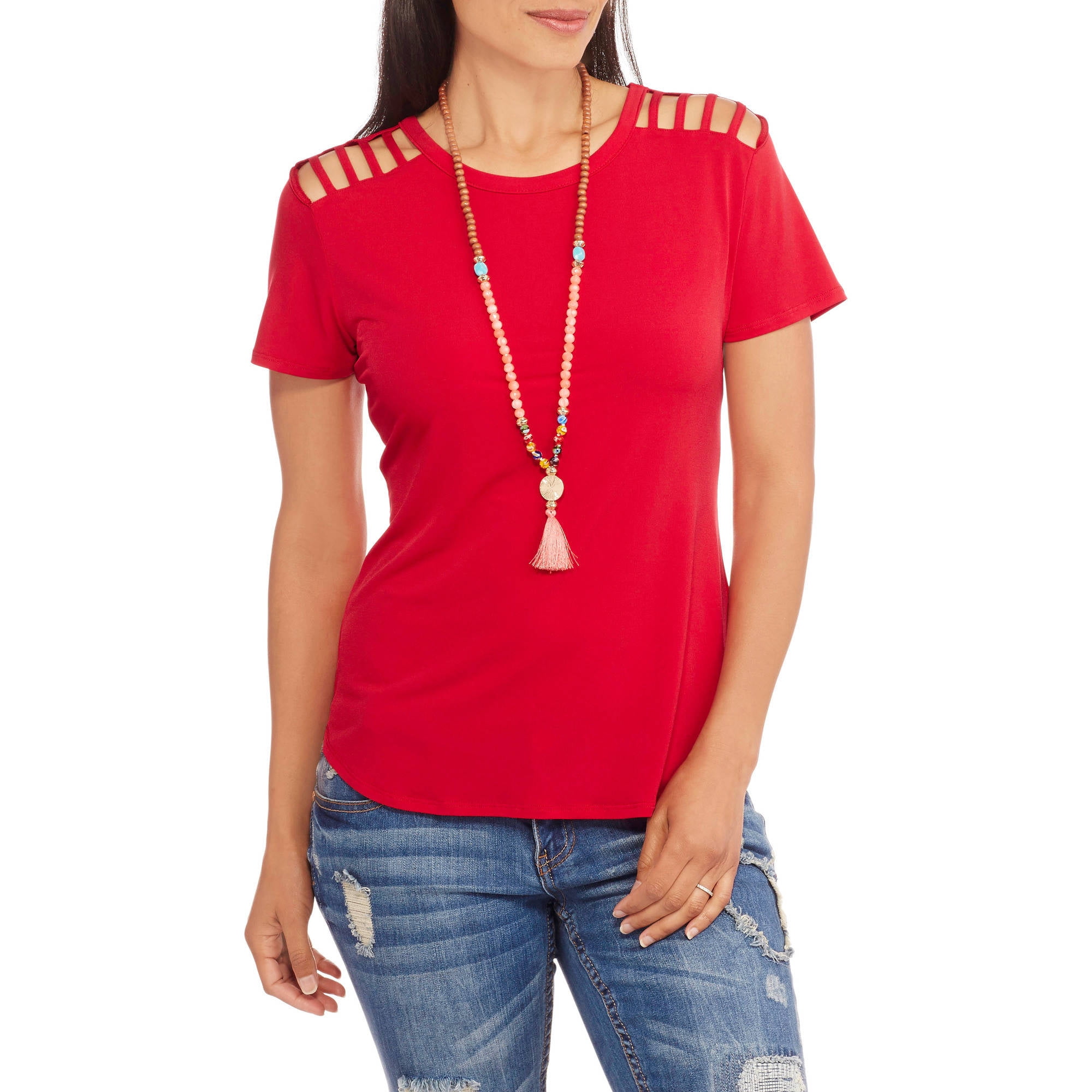 Glamour & Co Womens HiLow Top With CutOuts At Shoulder