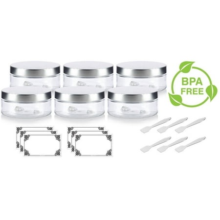 Metal Silver Foam Clear PET Plastic (BPA Free) Refillable Low Profile Jar with Silver Metal Foam Lined Lid - 3 oz (12 pack) + Spatulas and Labels ()