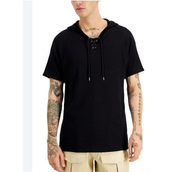INC INTERNATIONAL CONCEPTS Men's Knit Mesh Short Sleeve Hoodie, Black Medium