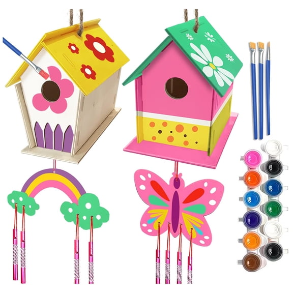 Crafts for Kids Ages 4-8 - 4 Pack DIY Bird House Wind Chime Kit - Build and Paint Birdhouses Wooden Arts Kits Easter Basket Stuffers Gifts for Girls Kids Boys Toddlers Ages 3-5 4-6 6-8 8-12