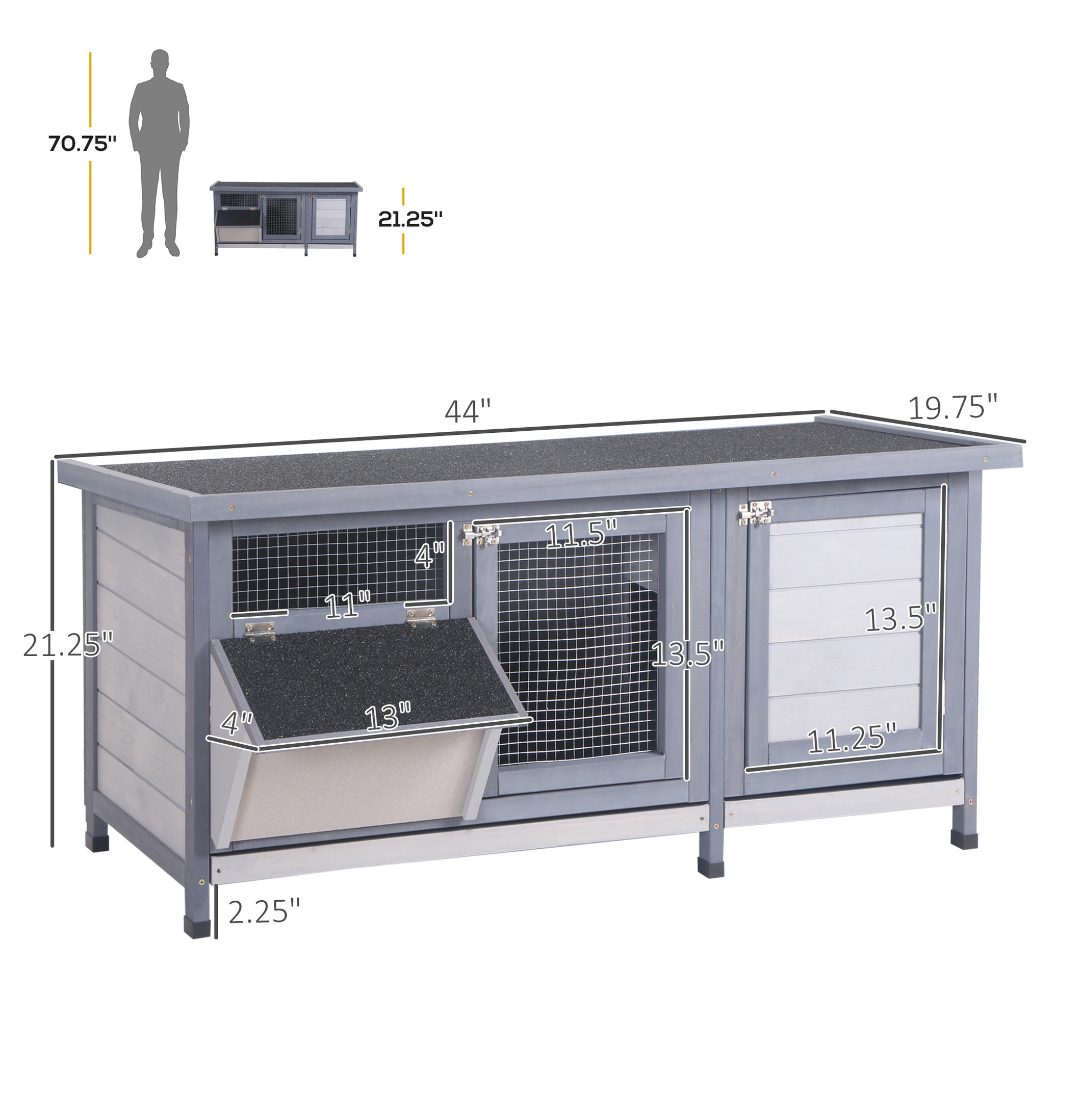 Rabbit Hutch Wooden Bunny Cage - Indoor Outdoor Guinea Pig Habitat w/ Roof & Trough - Gray