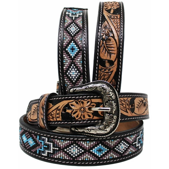 27-28  Kids Child Youth 1-1/4" Wide Western Floral Tooled Purple Beaded Leather Belt 26FK47C