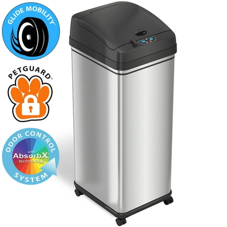 iTouchless Glide 13 gal Stainless Steel Sensor Kitchen Garbage Can with Wheels & Odor Control