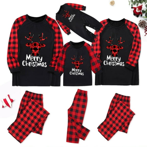 Odeerbi Christmas Pajamas for Family Holiday Plaid Long Sleeve Family Christmas Pajamas Matching Sets Infant Merry Christmas Print Parent-child Suit Two-Piece Sleepwear Xmas PJs Set Black