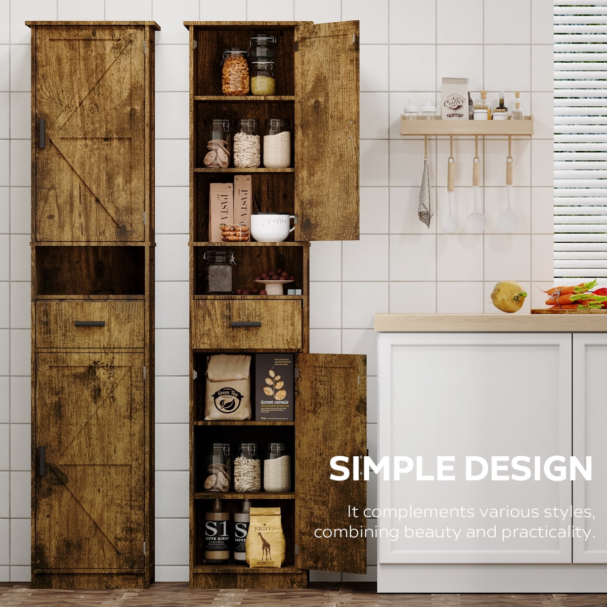 69" H Tall Bathroom Storage Cabinet with 2 Barn Doors and 1 Drawer, Narrow Storage Unit with Adjustable Shelves, Floor Cabinet for Bathroom Living Room Entryway, Vintage