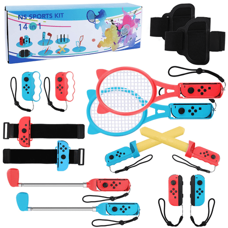 14 in 1 Nintendo Switch Sports Accessories Set Switch Sports Bundle for N-S Sports Game with Tennis Badminton Rackets, Leg Straps, Wrist Strap, Golf Club, Fencing Grip, Boxing Ring, Hand Strap