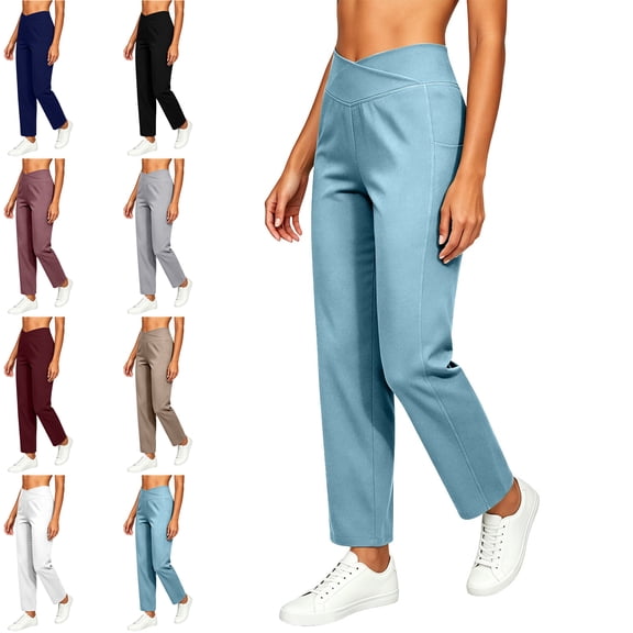 MLCDZ Pants for Women V-shaped Elastic Waist Stretch Straight Leg Pull On Pant Business Work Gym Casual Lightweight Breathable Trousers with Pockets