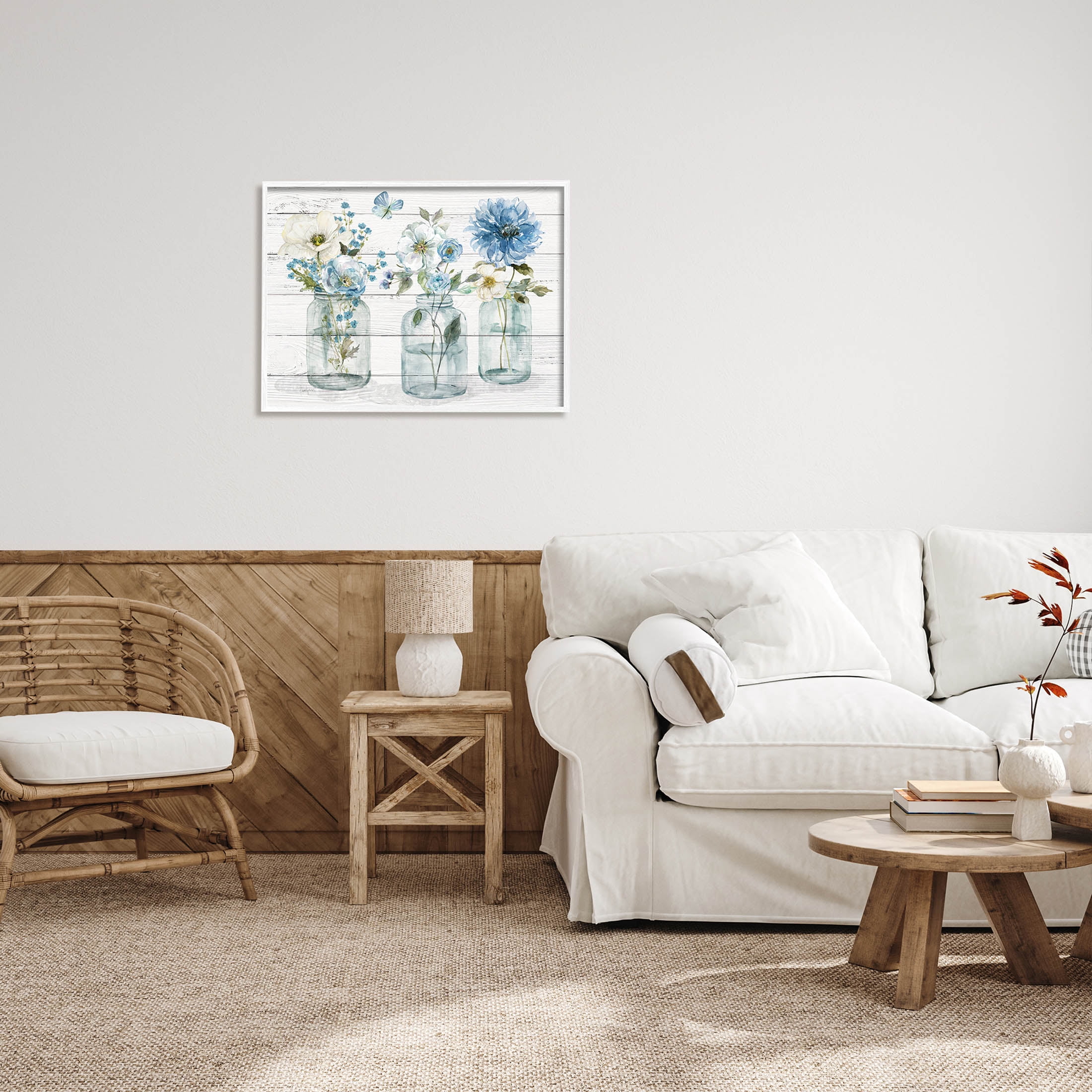 Blue Country Jar Bouquets Botanical & Floral Graphic Art White Framed Art Print Wall Art