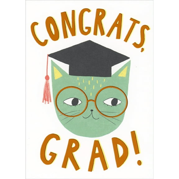 RSVP Green Cat Wearing Round Gold Foil Glasses and Grad Cap Graduation Congratulations Card