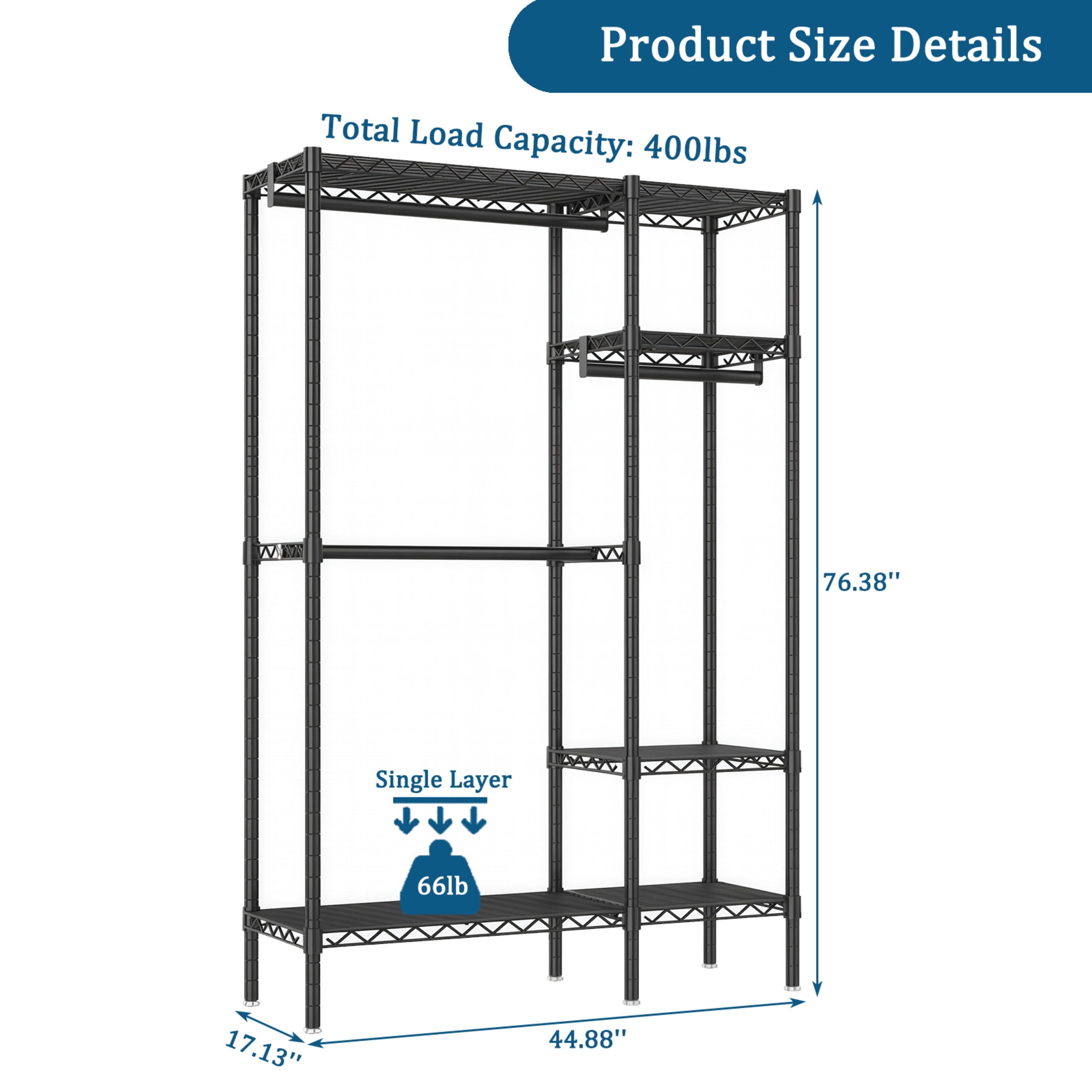 Noble House 76" Heavy-Duty Clothes Rack, Carbon Steel Freestanding Closet Organizer, Adjustable Wire Shelves, Black
