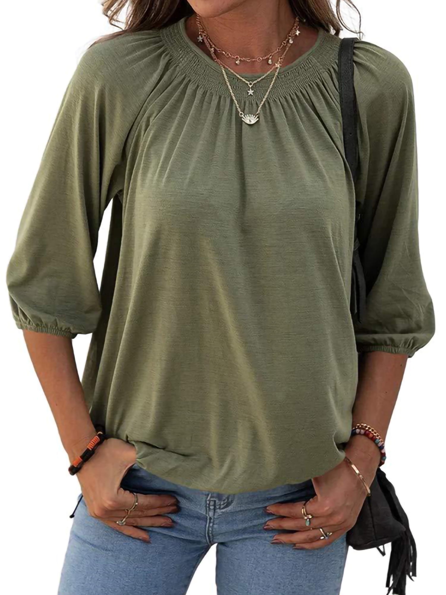Glonme Women Fashion Elastic Waist Hem Tops Summer 3/4
