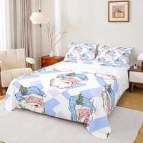 Manfei Cartoon Santa Claus Full Size Sheets 4pcs for Girls, Merry Xmas Christmas Bed Sheets, Blue Geometric Sheet Sets, Luxury Bedroom Decor