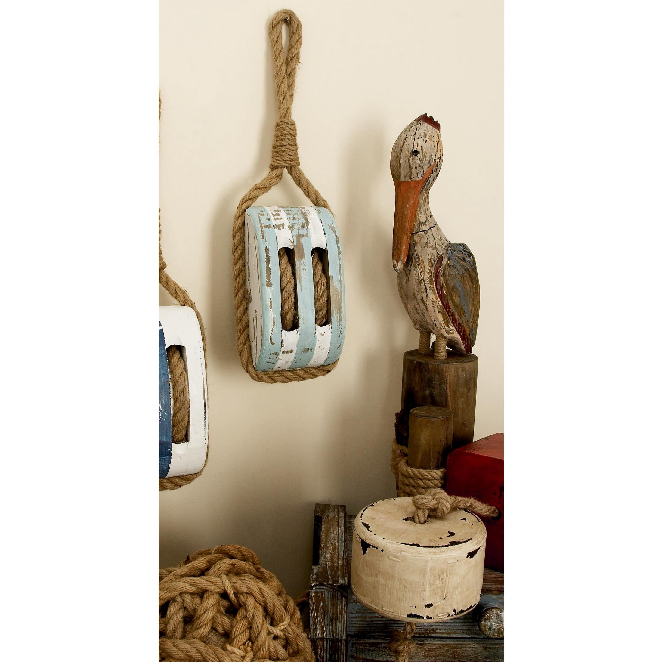 DecMode Blue Wood Pulley Sail Boat Wall Decor