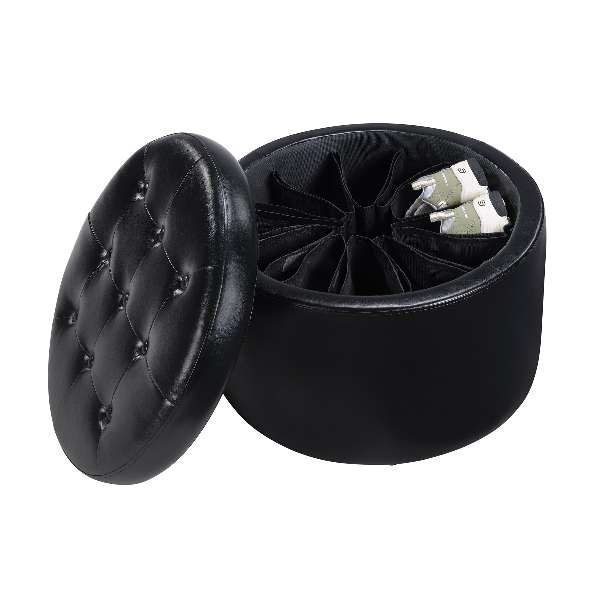 Convenience Concepts Designs4Comfort Round Shoe Storage Ottoman with Reversible Tray Table Lid, Black Vegan Leather