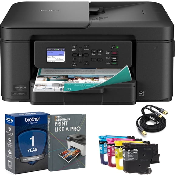 Brother Work Smart 1360 Wireless Color Inkjet All-in-One Printer MFCJ1360DW Print Like A Pro Bundle with Deco Essentials Guide and High Speed 6ft USB Type B 2.0 Printer Cable to USB Type-C & USB A